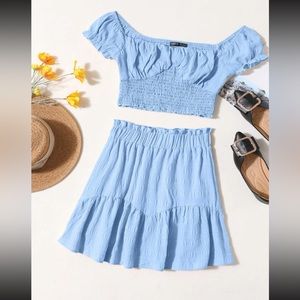 Ruched Bust Shirred Crop Top & Paperbag Waist Ruffle Hem Skirt Set